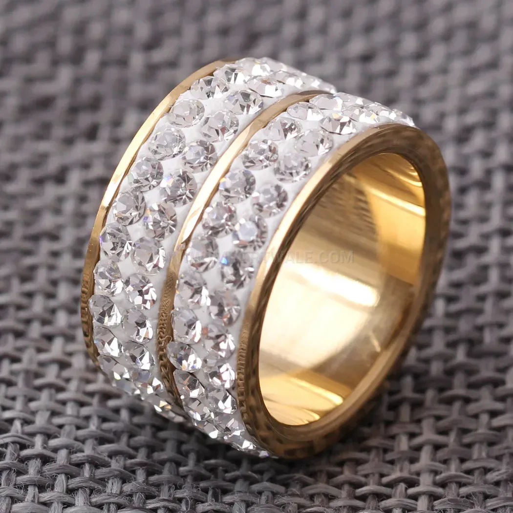 Double Row Rhinestone Wide Stainless Steel Band Ring