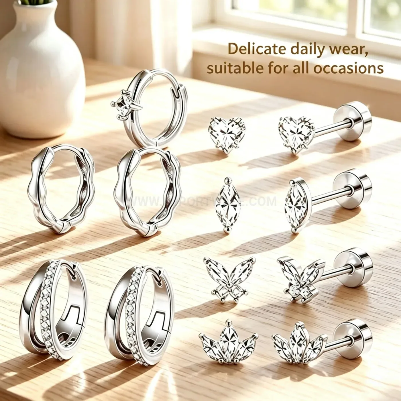 Stylish Stainless Steel Rhinestone Wave Heart Butterfly Stud Earring Set