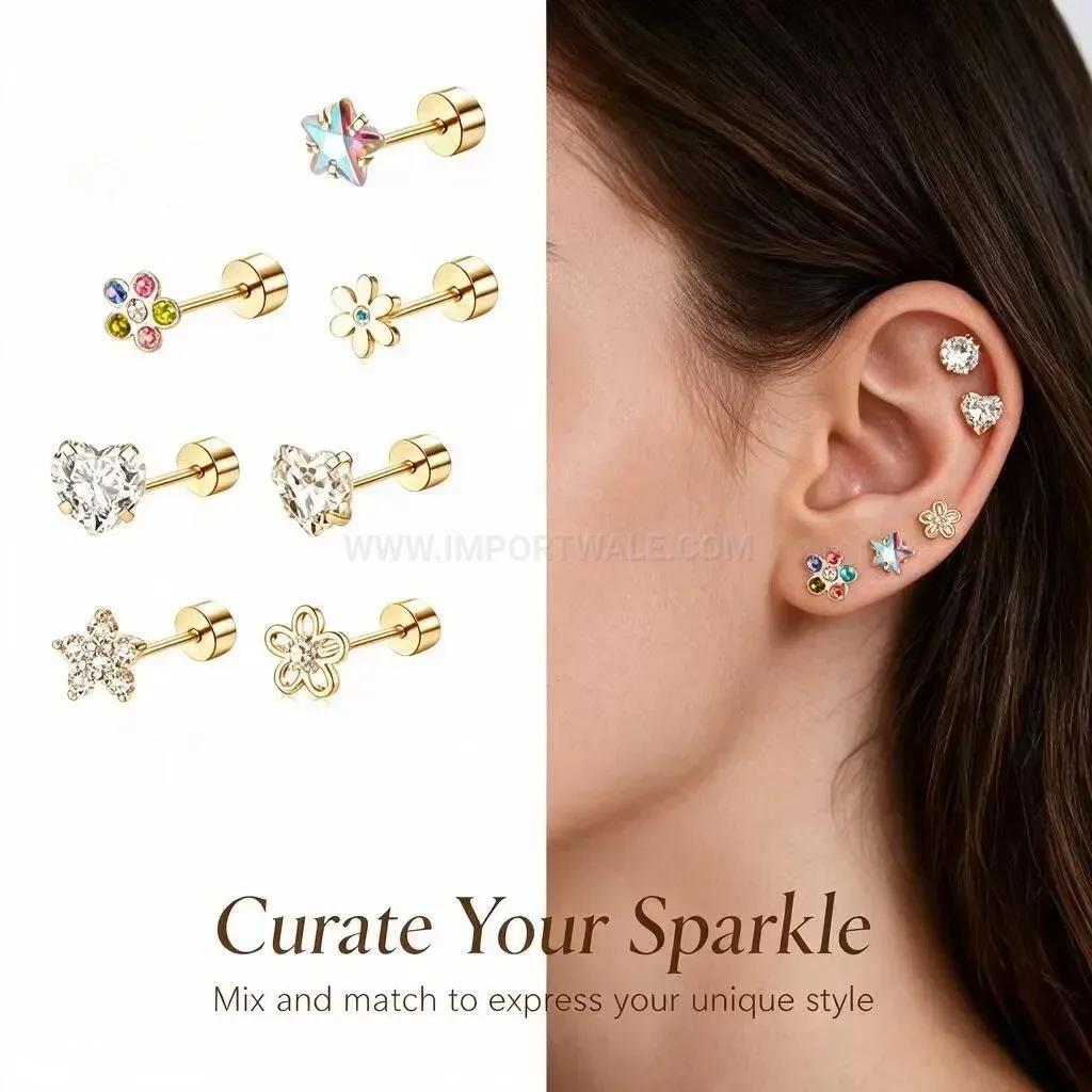 Fashion Stainless Steel Zircon and Pearl Threaded Cartilage Stud Piercings
