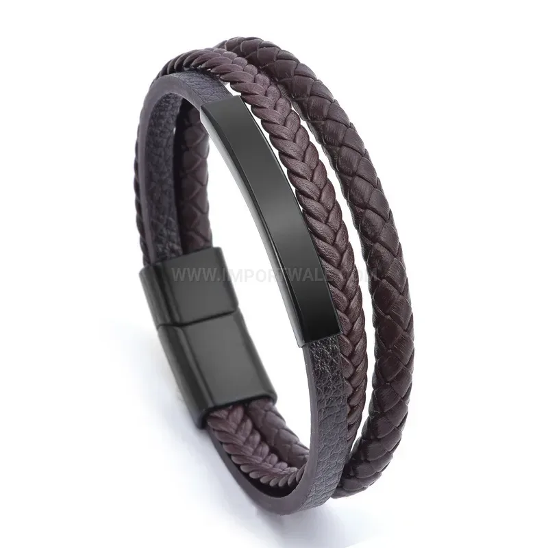 Classic Woven Leather Multi Layer Bracelet With Magnetic Alloy Clasp