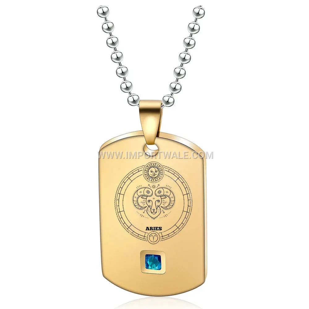 Engraved Stainless Steel Zodiac Tag Layered Pendant Necklace
