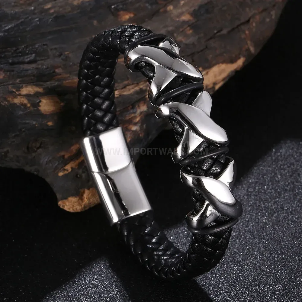 Men's Woven Leather Bracelet with Stainless Steel X Accent