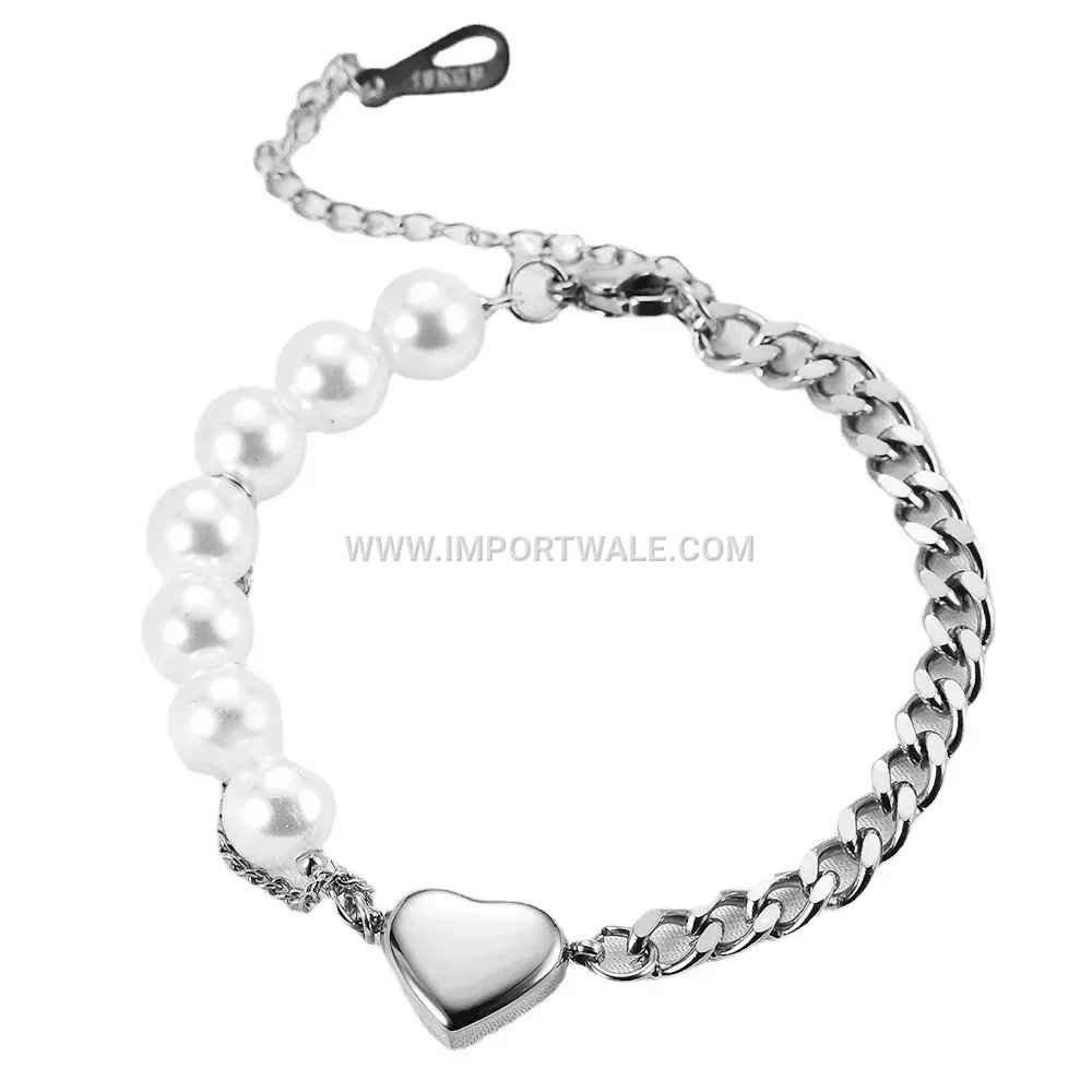 Stainless Steel Heart Charm Cuban Chain Pearl Bracelet