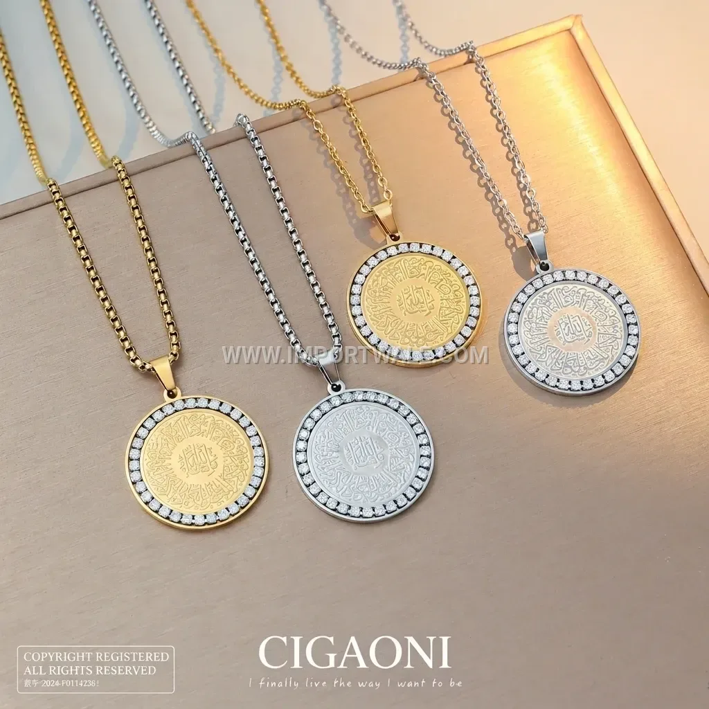 Gold Plated Stainless Steel Arabic Calligraphy Zircon Pendant Necklace