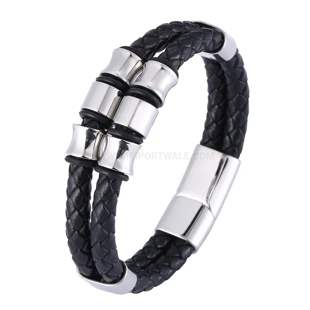 Braided Leather Wristband with Stainless Steel Clasp Closure