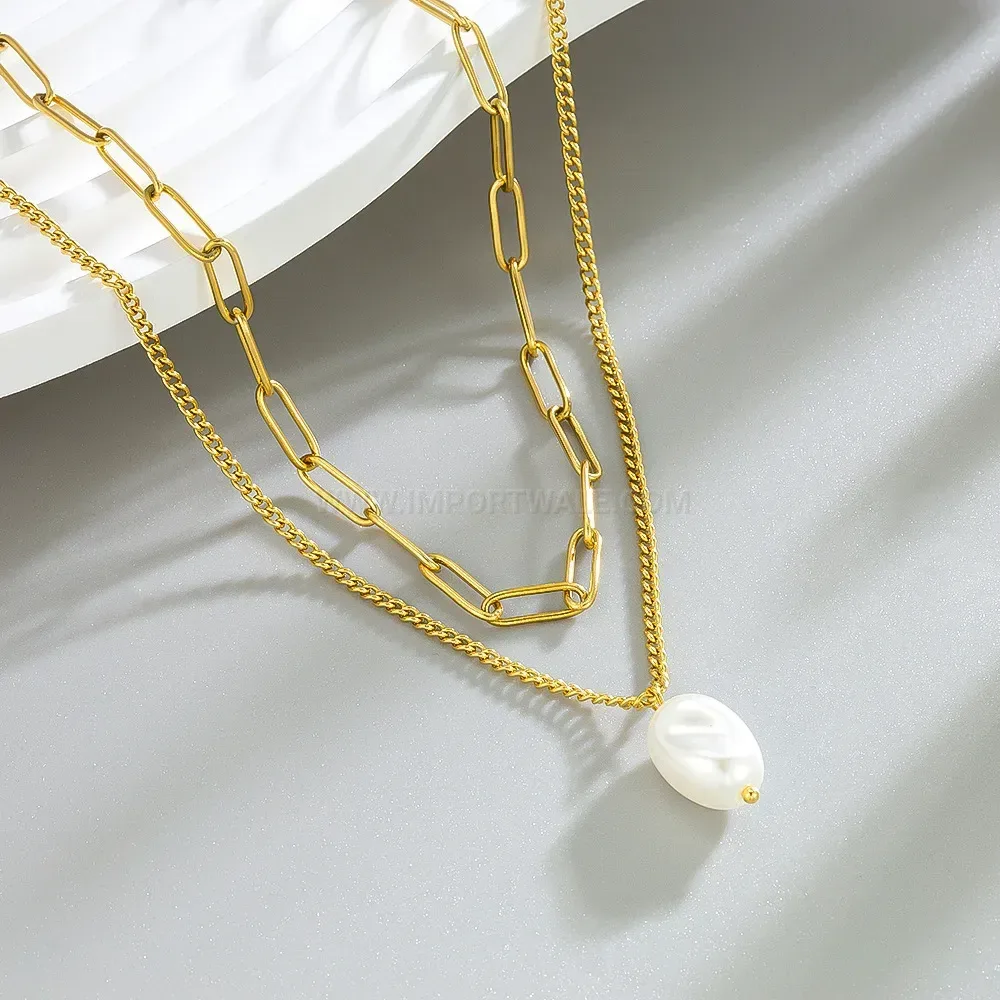 Designer Double Layer Pearl Pendant Gold Stainless Steel Snake Chain Necklace