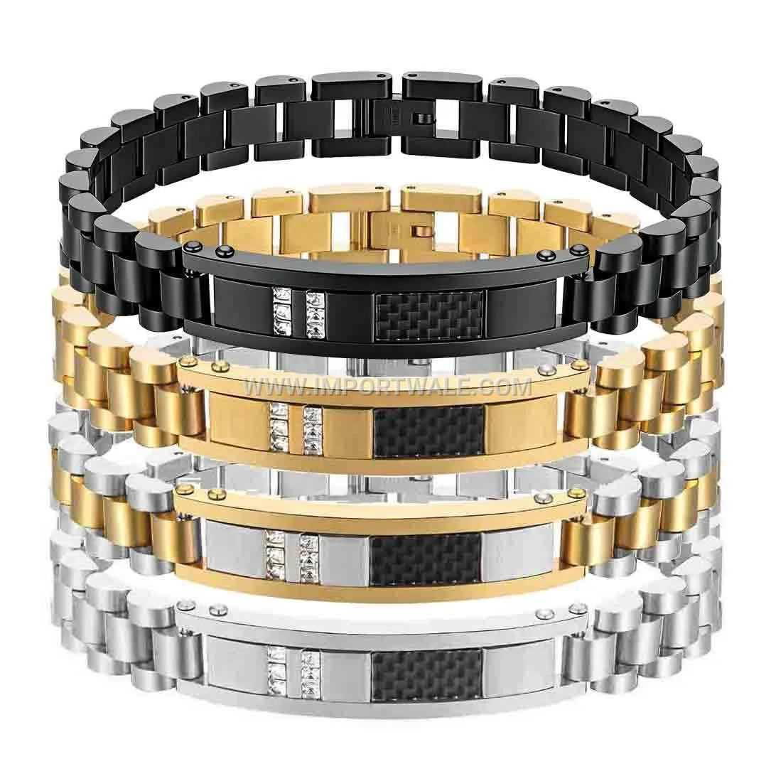 Stainless Steel Rhinestone Carbon Fiber Curved Link Watch Band Bracelet