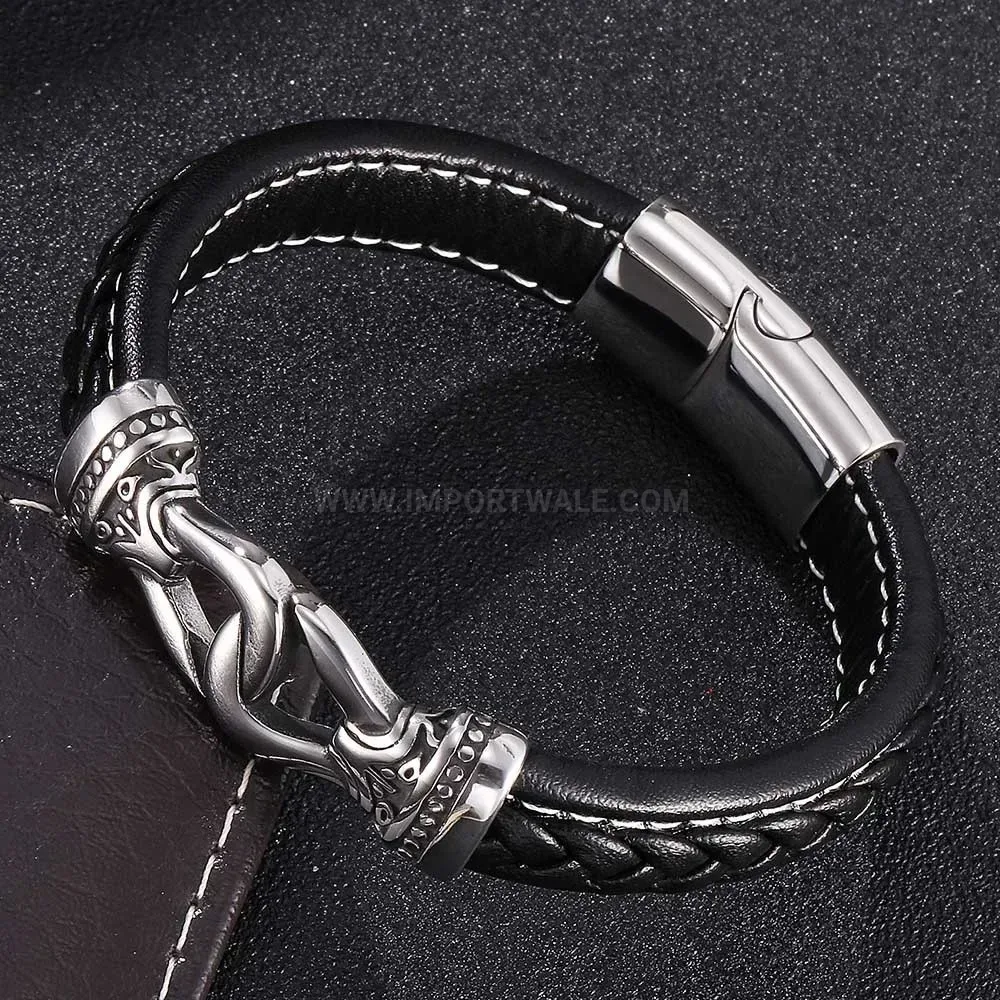 Elegant Vintage Totem Stitched Leather Stainless Steel Bracelet