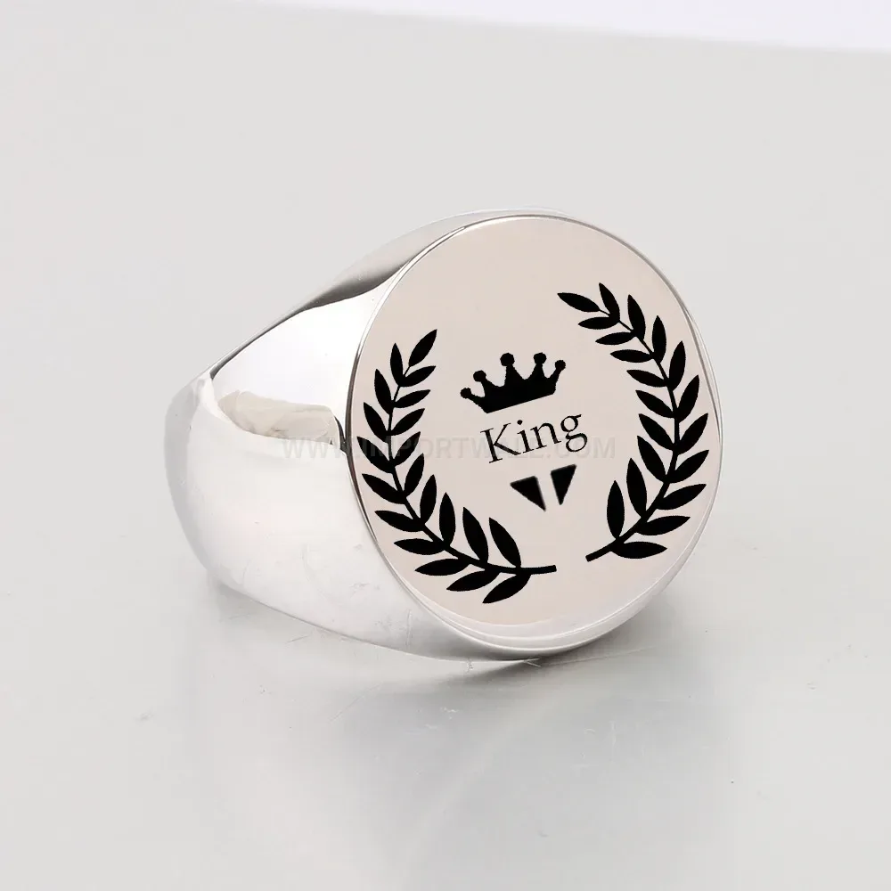 Trendy Laser Engraved Leaves Crown Stainless Steel Signet Ring