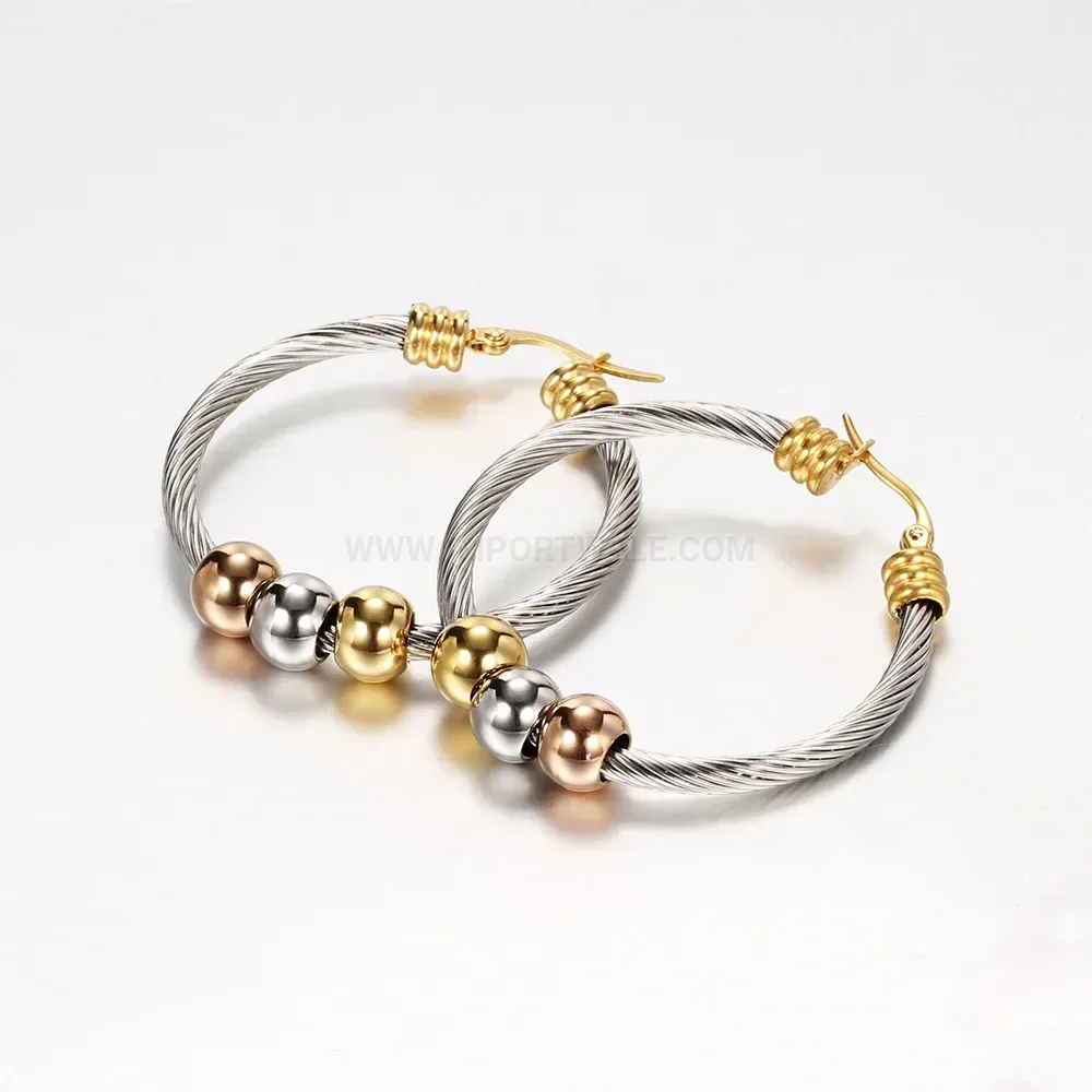 Designer Tri Tone Beaded Stainless Steel Cable Hoop Earrings