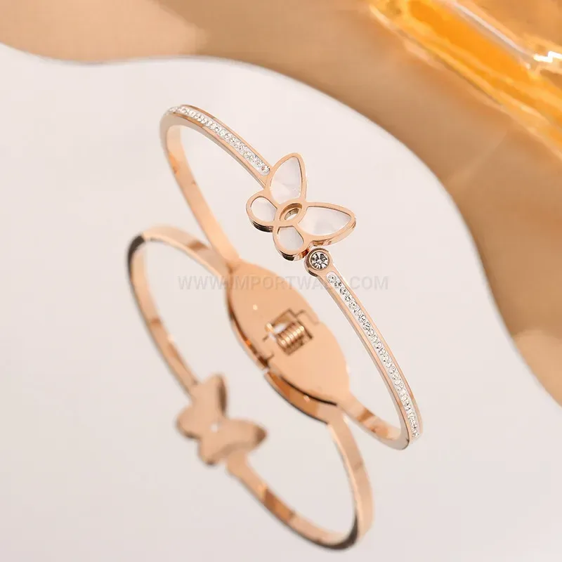 Rhinestone Butterfly Faux Shell Titanium Open Bangle