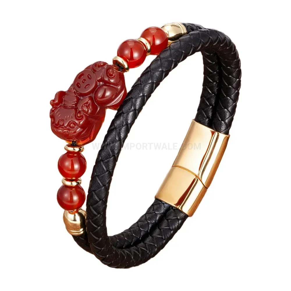 Handmade Braided Leather Pixiu Natural Stone Bracelet