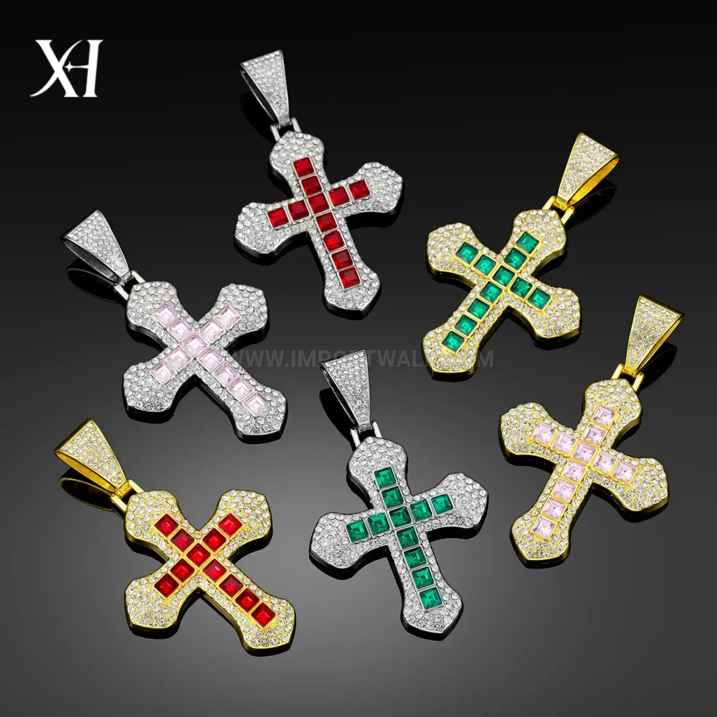 Three Dimensional Colored Square Gem Cross Hip Hop Pendant Necklace