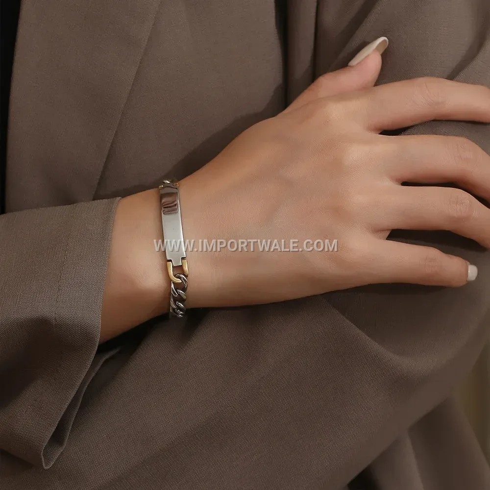 Twisted Chain Bar Curved Plate Rhinestone Titanium Steel Bracelet