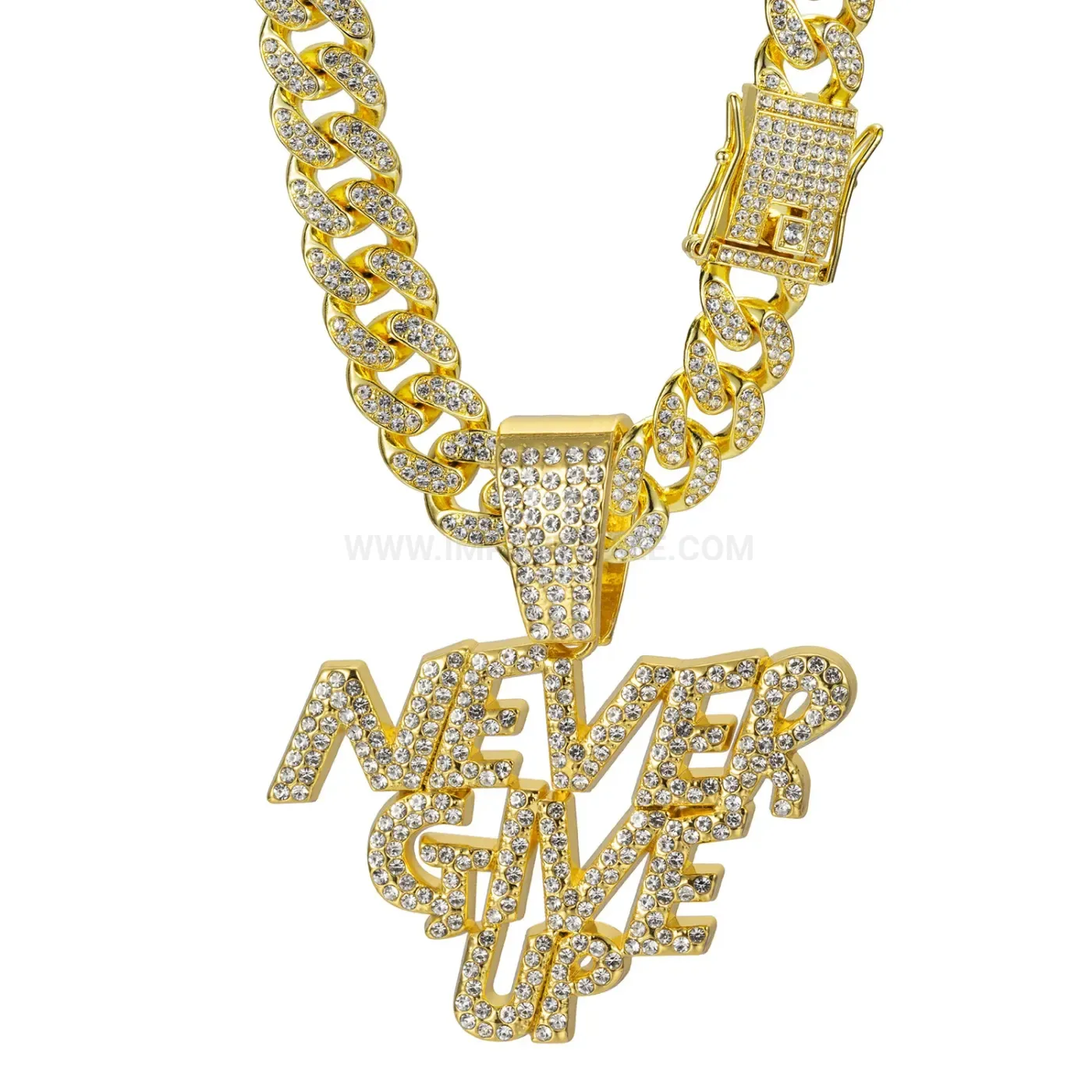 Full Rhinestone Never Give Up Letter Pendant Cuban Chain