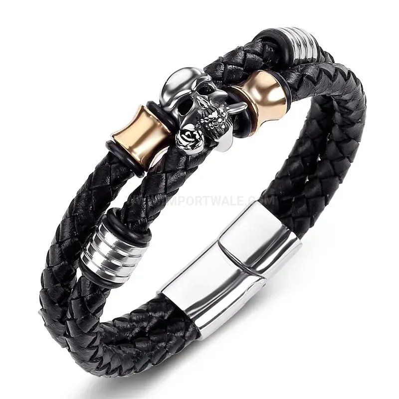 Classic Double Wrap Leather Rose Skull Bracelet in Stainless Steel
