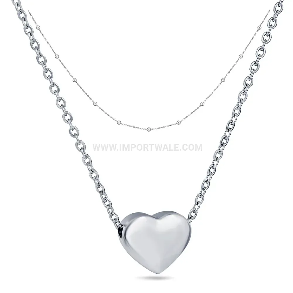 Double Layer Stainless Steel Bead Chain Heart Pendant Choker Necklace