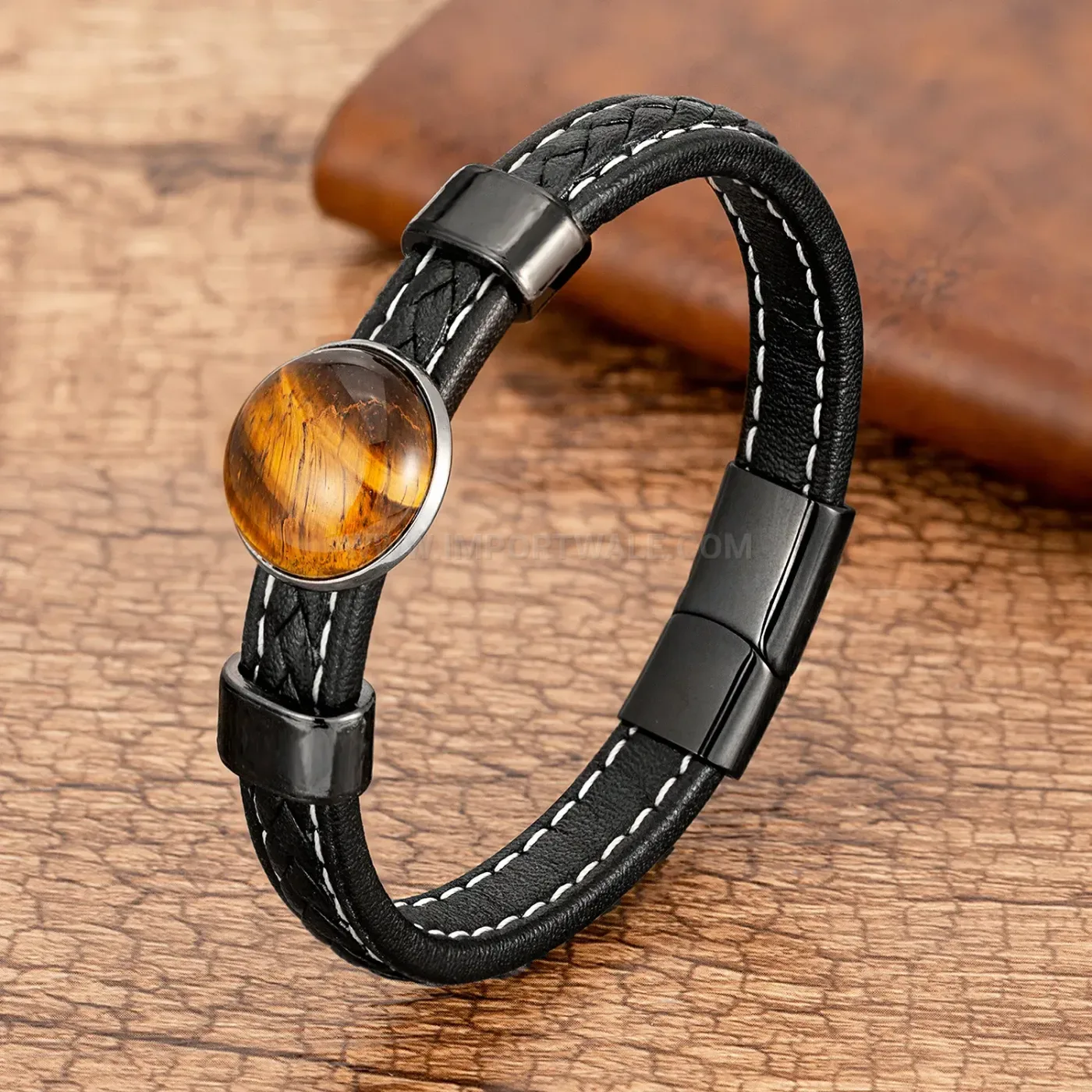 Handcrafted Woven Leather Bracelet with Natural Stone and Stainless Steel Clasp
