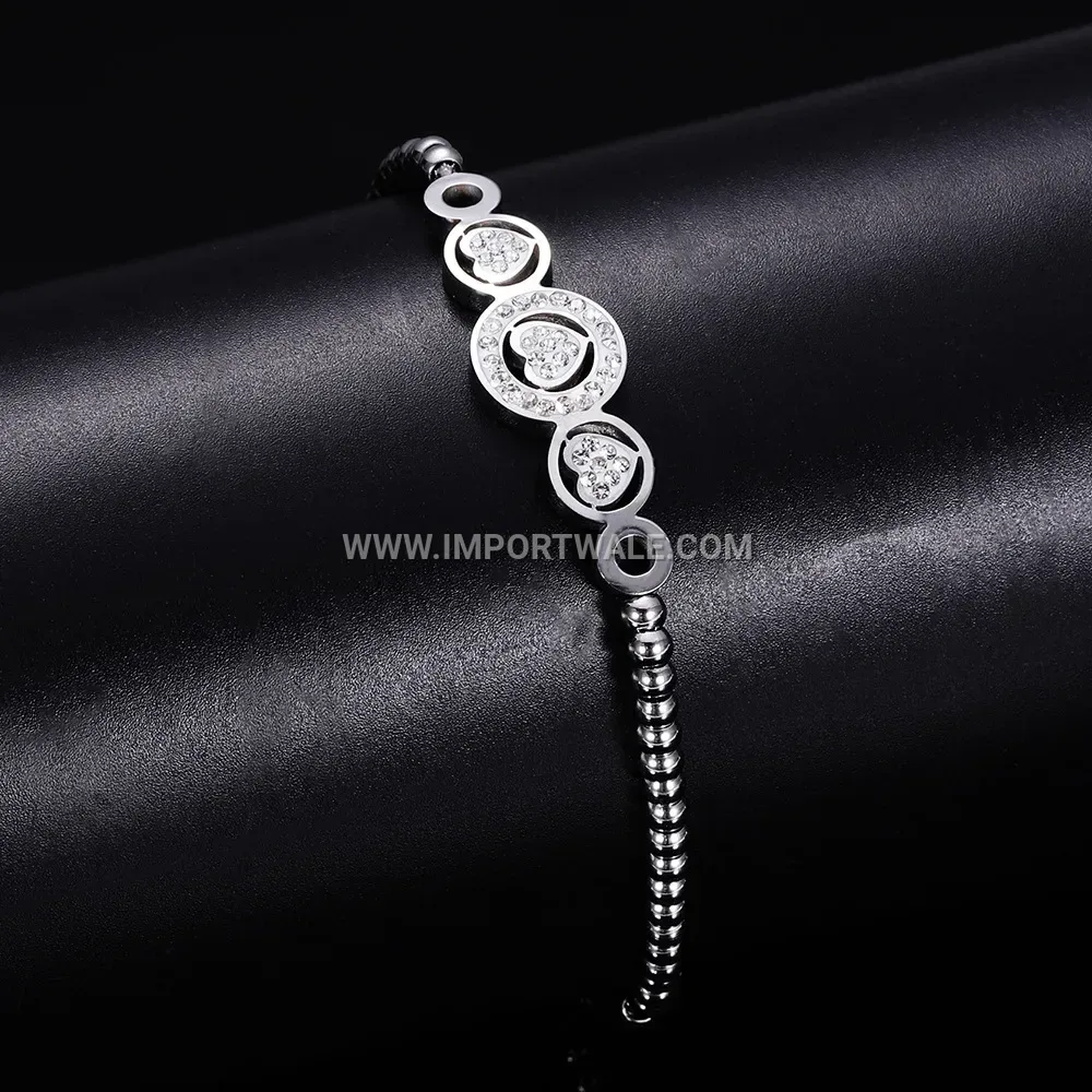Adjustable Stainless Steel Heart Beaded Bracelet with Rhinestone Accents