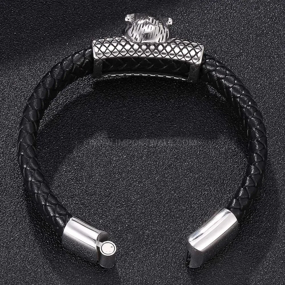 Leopard Head Steel Magnetic Leather Strand Bracelet