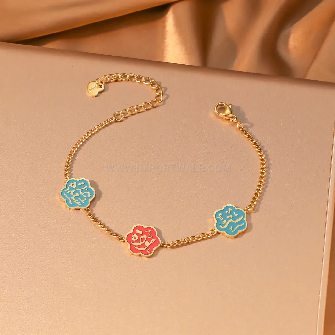 Stainless Steel Enamel Flower Charm Arabic Calligraphy Chain Bracelet