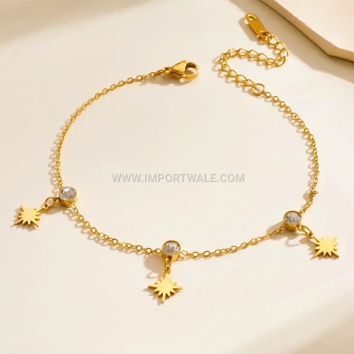 Gold Stainless Steel Celestial Star Burst Charm Anklet