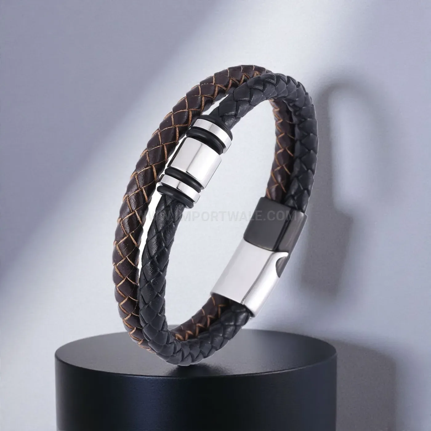 Multi Strand Leather Beaded Bracelet with Stainless Steel Details