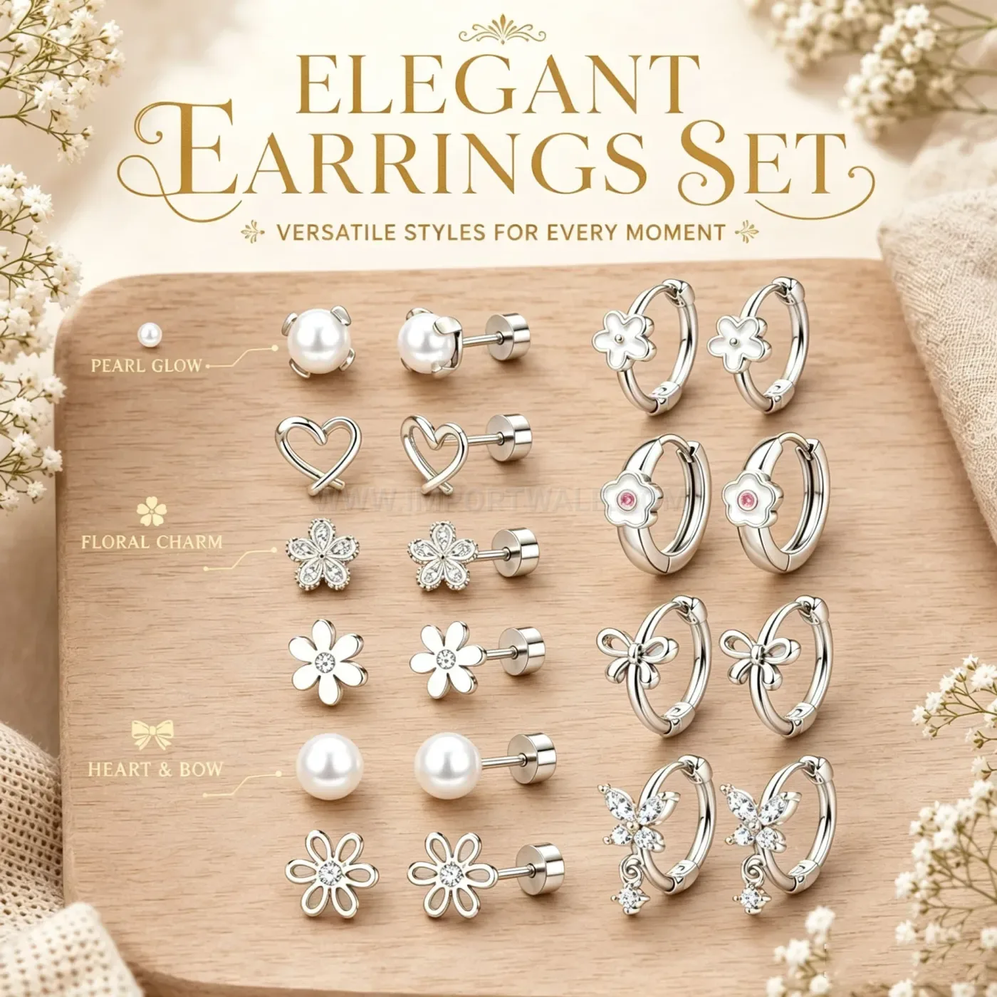 Bold Stainless Steel Floral Butterfly and Heart Stud Piercing Set