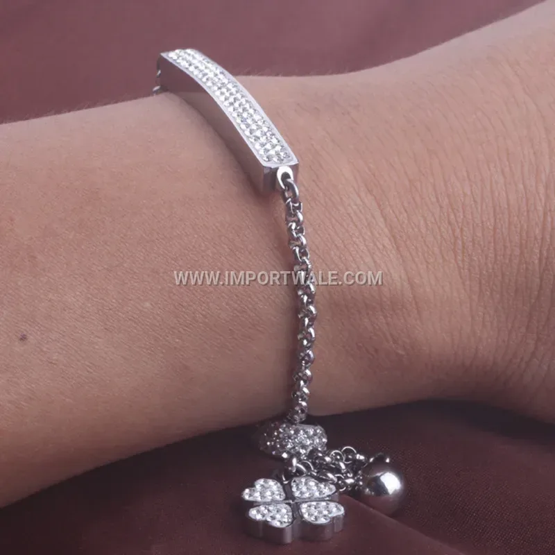 Three Row Rhinestone Heart Stainless Steel Bangle