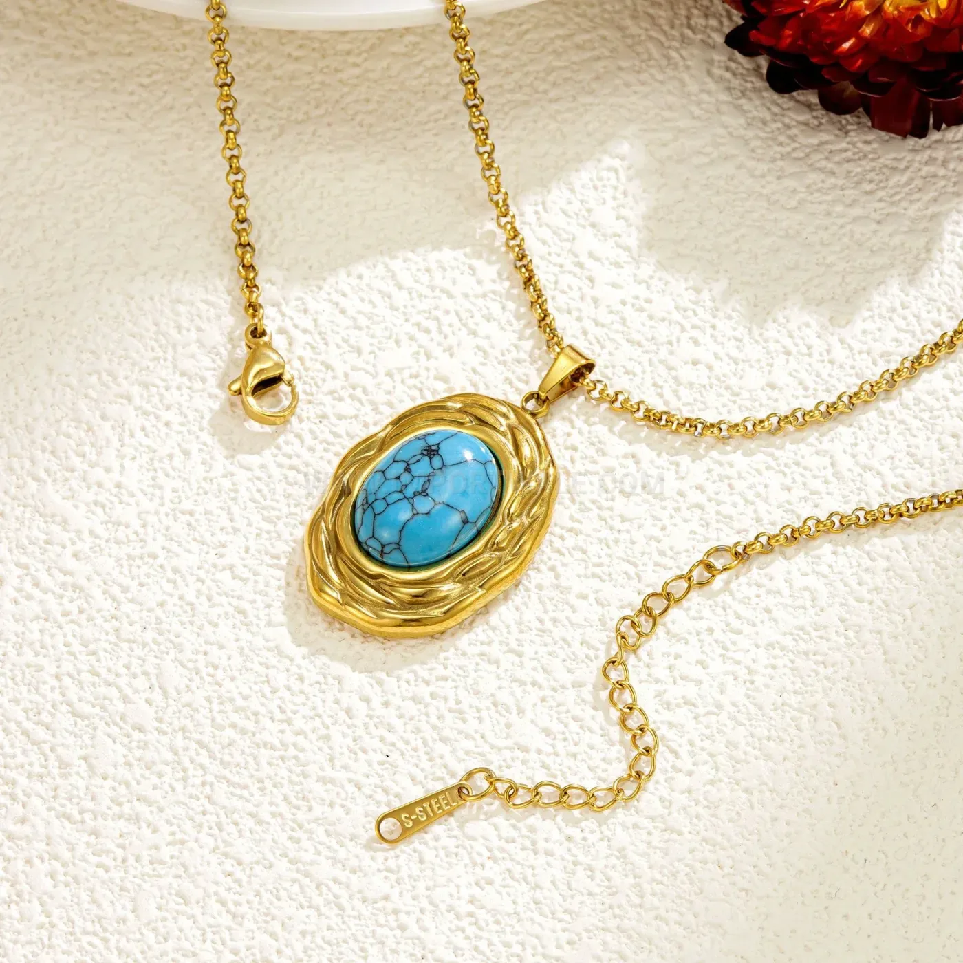 Modern Retro Titanium Steel Blue Turquoise Oval Pendant Necklace