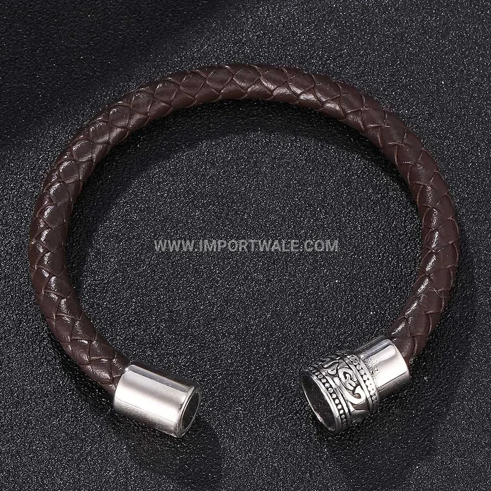 Braided Leather Wristband with Vintage Stainless Steel Magnetic Clasp