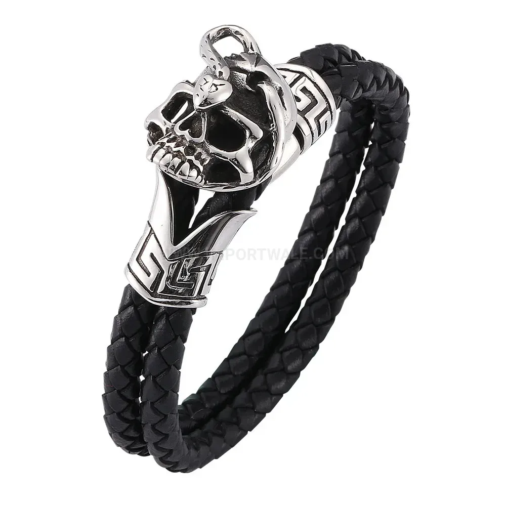 Men's Braided Leather Double Wrap Skeleton Bracelet in Stainless Steel