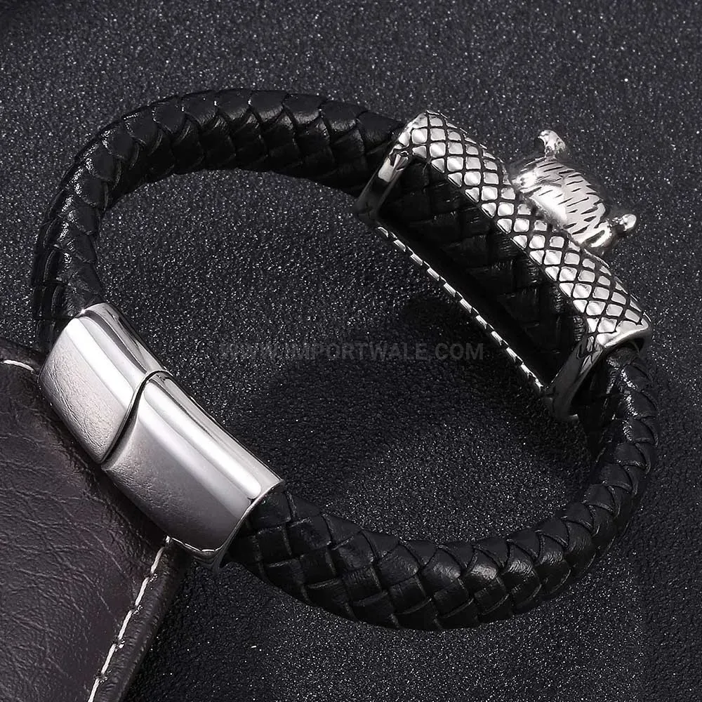 Leopard Head Steel Magnetic Leather Strand Bracelet