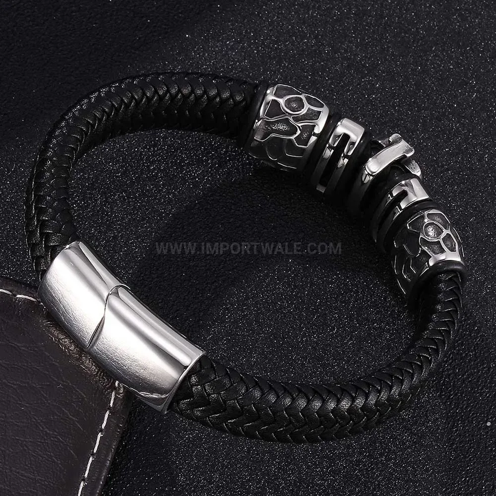 Fashion Punk Skull Ace of Hearts Stainless Steel Leather Charm Bracelet