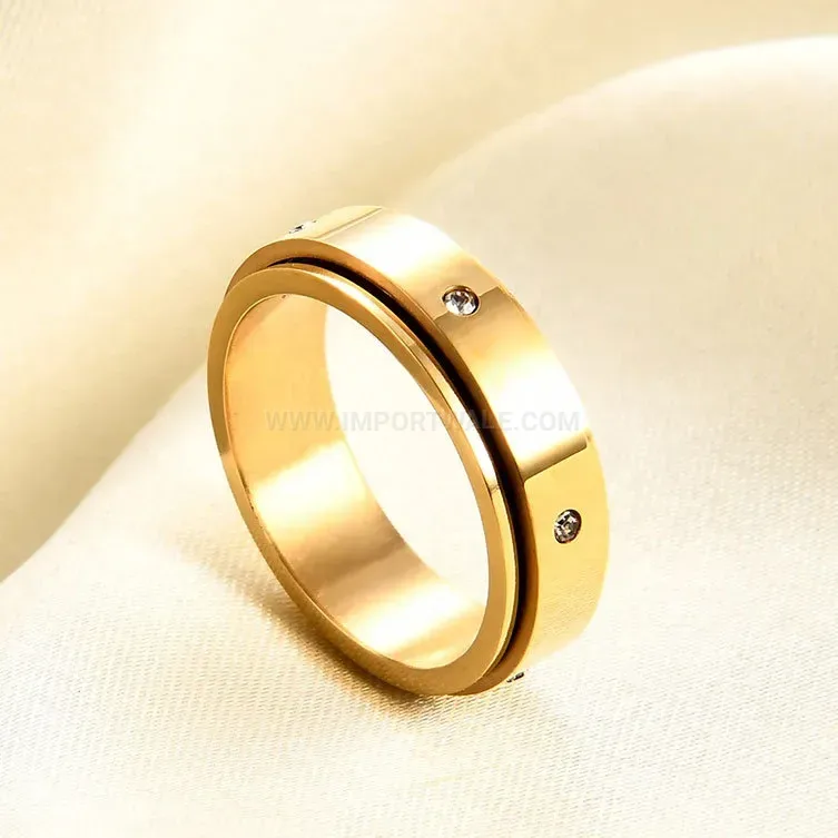 Spinner Stainless Steel Band Ring with Symmetrical Crystal Accents