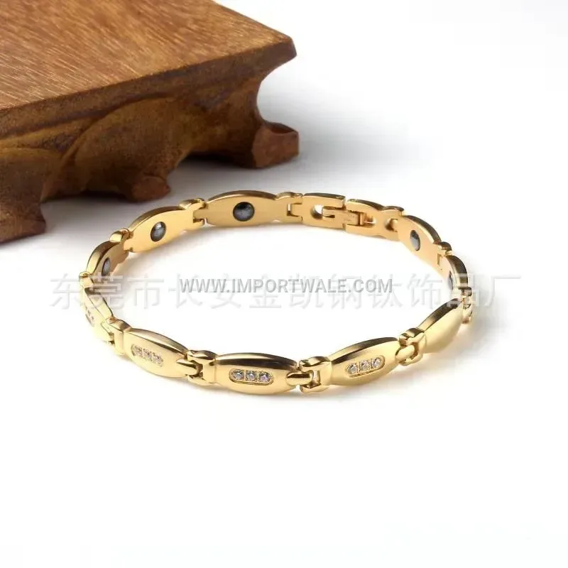 Gold Titanium Steel Oval Link Crystal Magnetic Bracelet