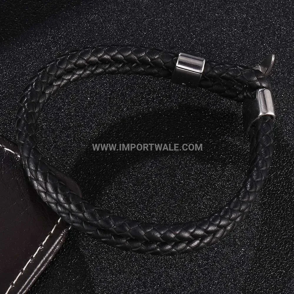 Double Strand Woven Leather Stainless Steel Clasp Bracelet