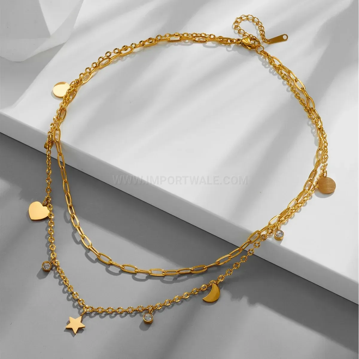 Fashion Layered Gold Star and Moon Pendant Titanium Steel Necklace