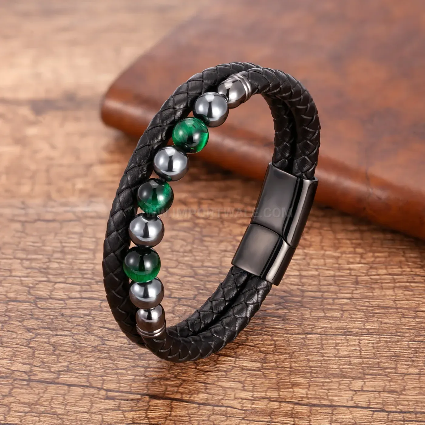 Beaded Stone Leather Combination Bracelet Stainless Steel Clasp