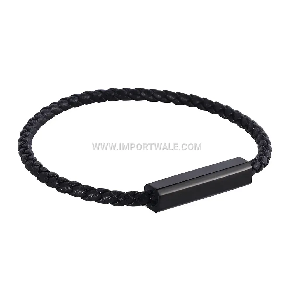 Electroplated Black Stainless Steel Braided Leather Men's Cord Bracelet