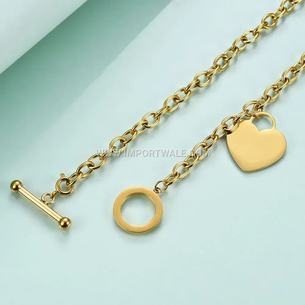 Engraved Initial Heart Pendant Toggle Necklace in Gold Plated Stainless Steel
