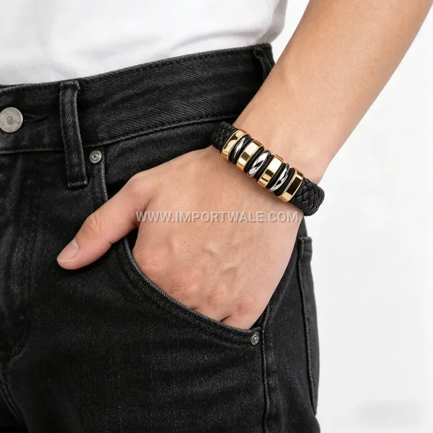 Woven Leather Bead-Accented Magnetic Cuff Bracelet for Men