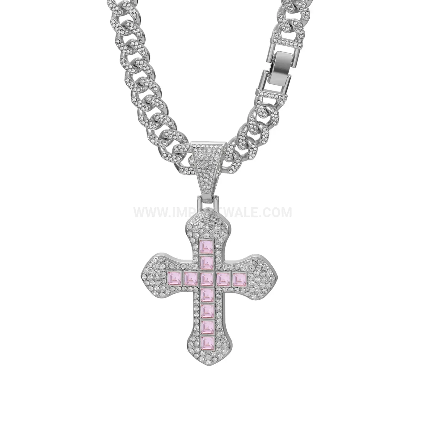 Three Dimensional Colored Square Gem Cross Hip Hop Pendant Necklace