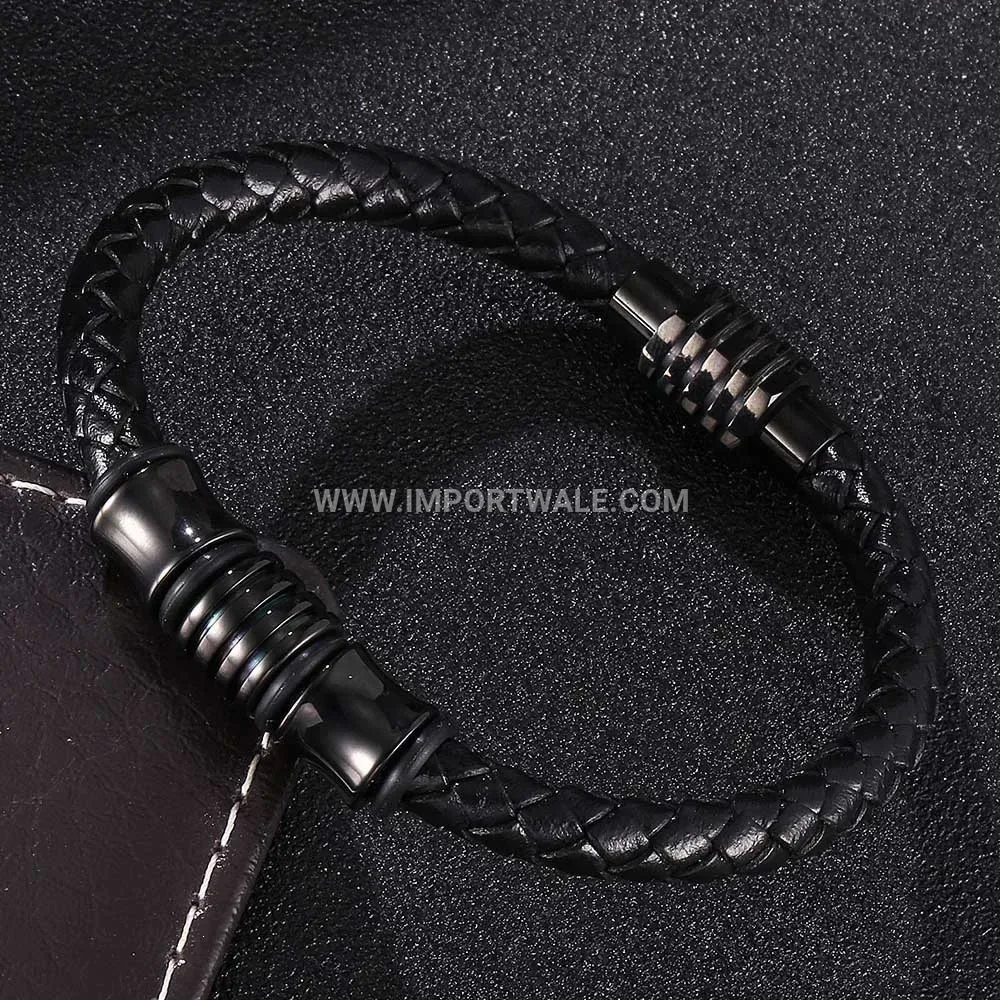 Woven Black Leather Wristband with Stainless Steel Magnetic Clasp