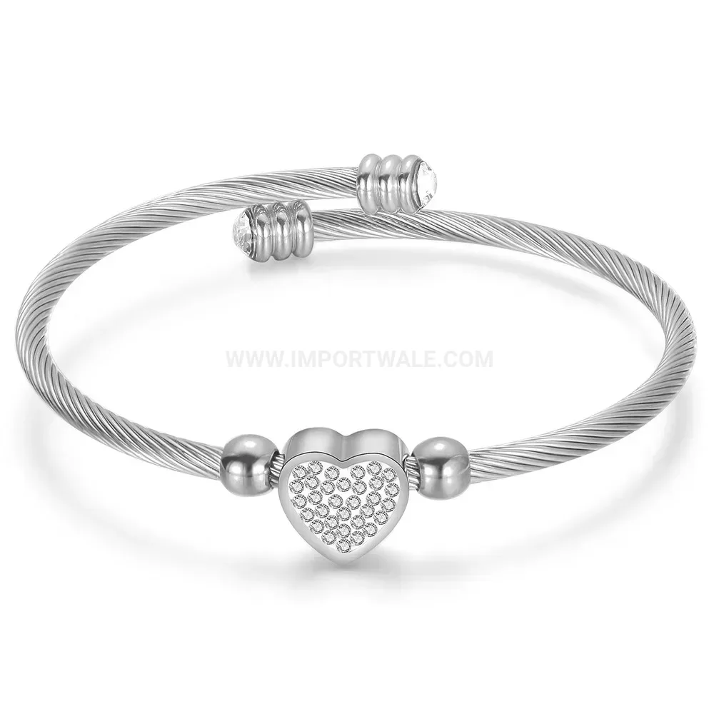 Stylish Stainless Steel Rhinestone Heart Cable Cuff Bangle Bracelet