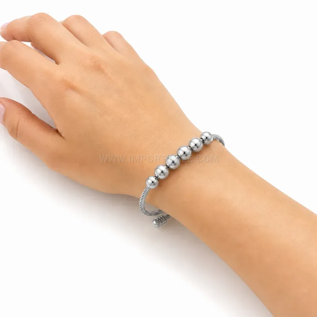 Trendy Flexible Stainless Steel Cable Cuff with Bead Ends