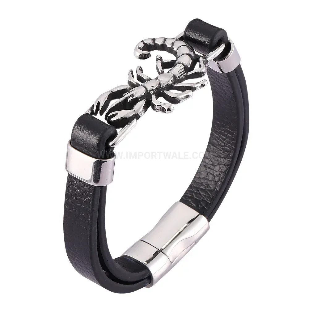 Woven Leather Bracelet with Stainless Steel Magnetic Scorpion Clasp