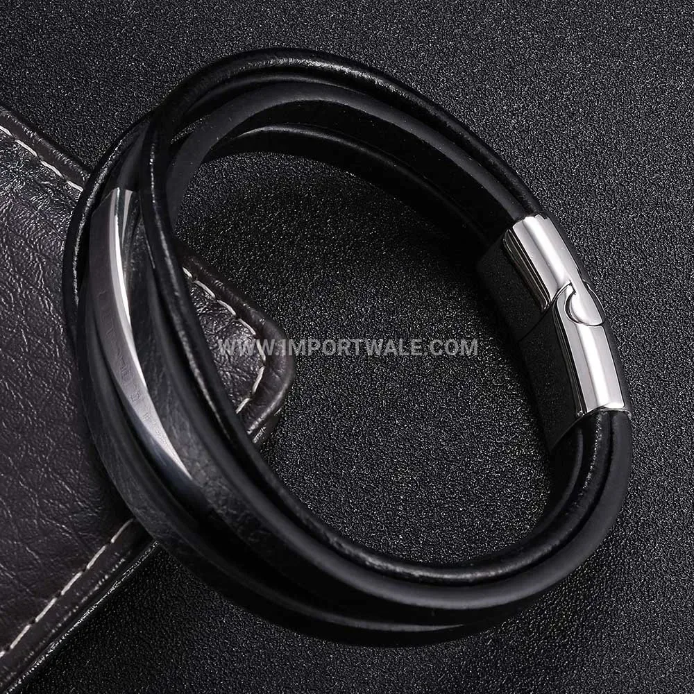 Layered Black Cowhide Leather and Stainless Steel Wristband Bracelet