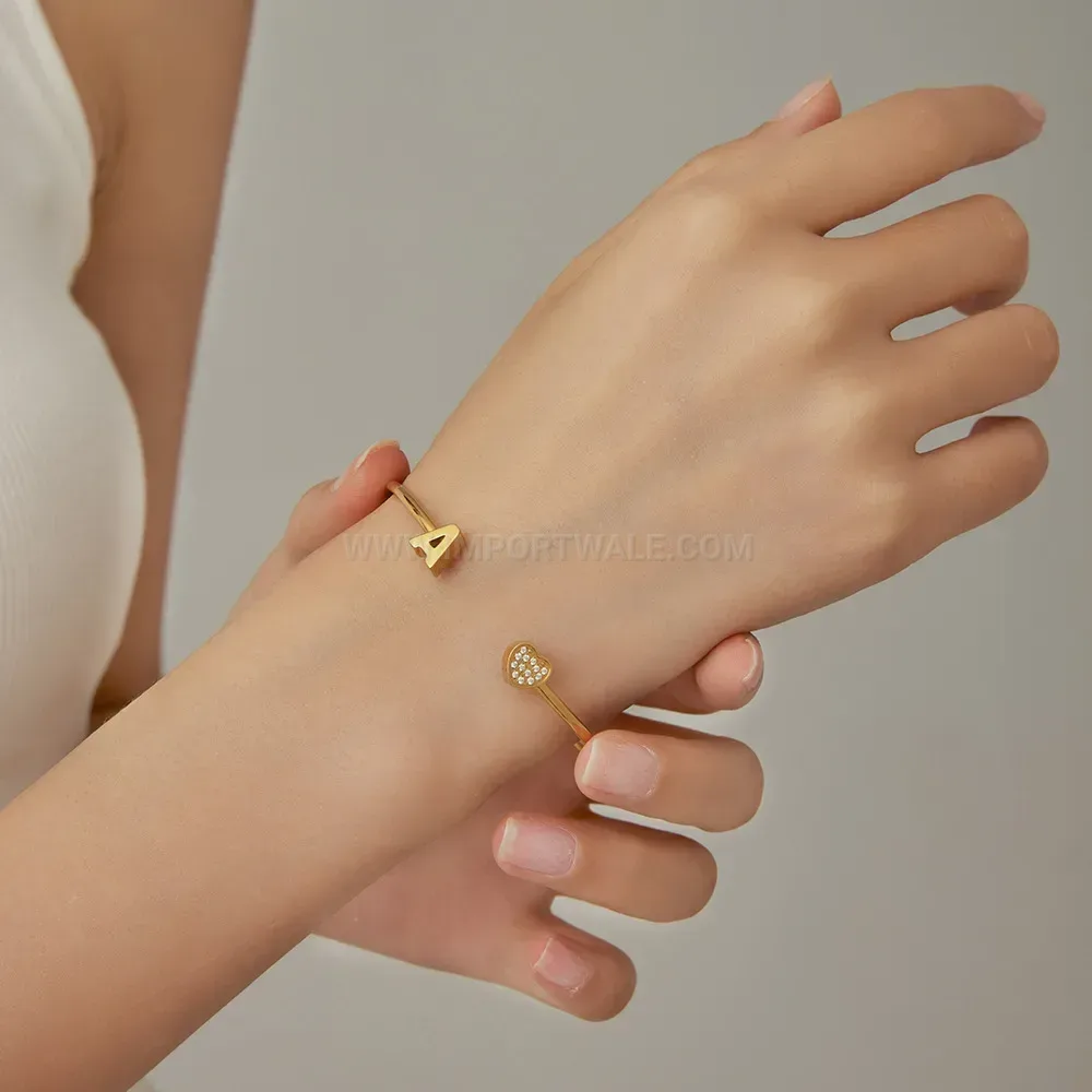 Modern Initial Letter Heart Cubic Zirconia Stainless Steel Cuff Bangle