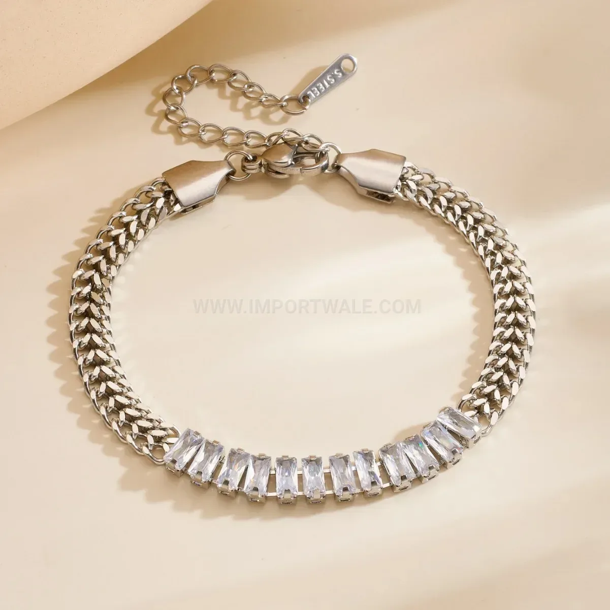 Classic Stainless Steel Watch Band Link Bracelet with Zirconia